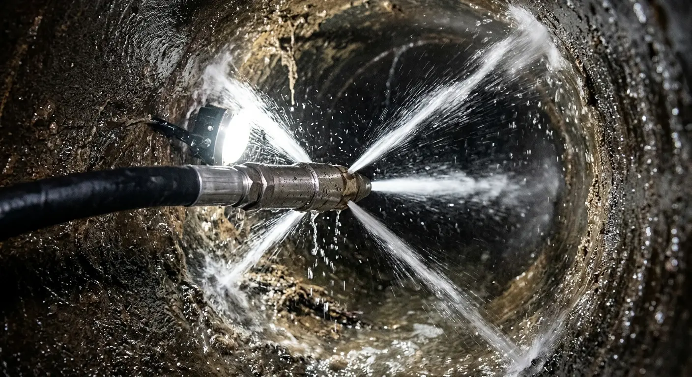 High-pressure hydro jetting nozzle cleaning sewer pipe for Trenchless Sewer Repair in Merriam