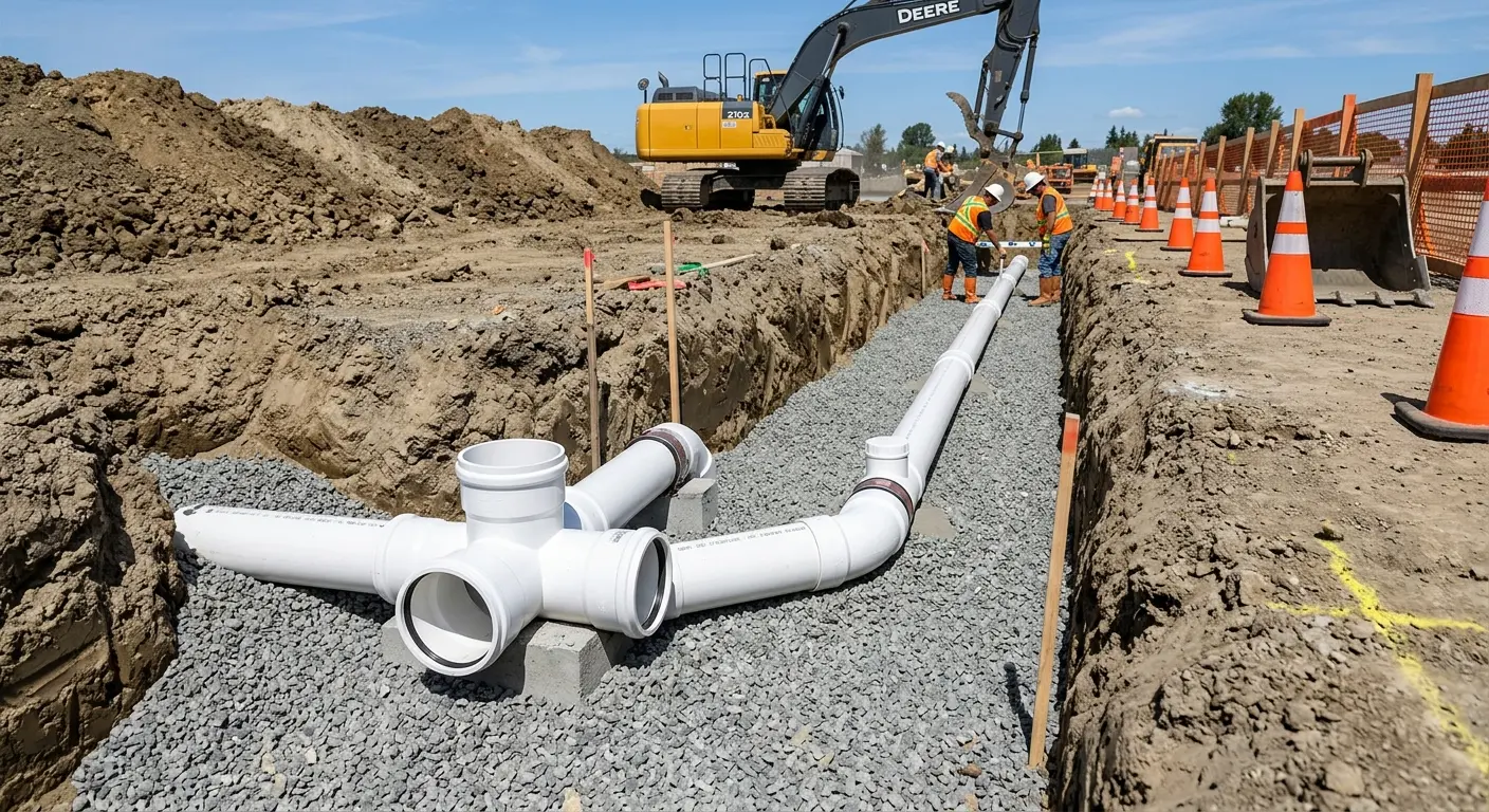 New PVC sewer pipe installation in open trench for Commercial Drain Cleaning in Merriam